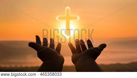 Cross Is A Symbol Of Christianity. Human Hands Open Palm Up Worship. Eucharist Therapy Bless God Hel