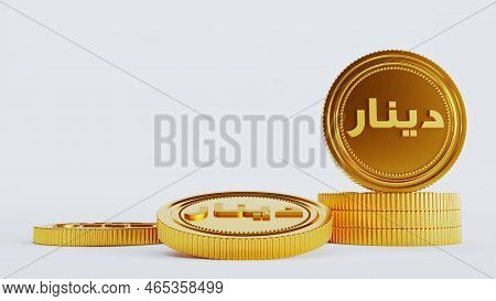3d Render Of Golden Dinar Coin Isolated On White Background, Financial Concepts