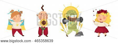 Unbreakable Ukrainians. Collection Of Cute Cartoon Characters. Cossack With Sunflower. Ukrainian Sin