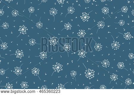Hand Draw Bloomy Dandelions And Fluffy Seeds Decorative Seamless Pattern On Navy Blue Background. Fl