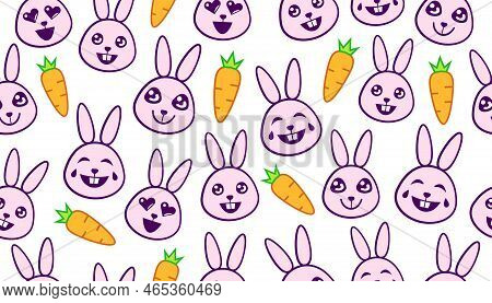 Abstract Seamless Pattern With Bunnies And Carrots. Rabbit Pink Smiling Faces And Orange Carrots On 