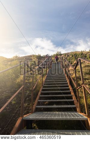 Steep Stairs To The Studlagil Observatory Viewpoint In Iceland, Known For Its Columnar Basalt Rock F