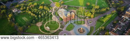 Aerial View Of Peoples Palace At Sunrise Above Park