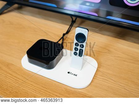 Paris, France - Oct 28, 2022: New Apple Tv 4k Streaming Device By Apple Computers On Stand Next To S