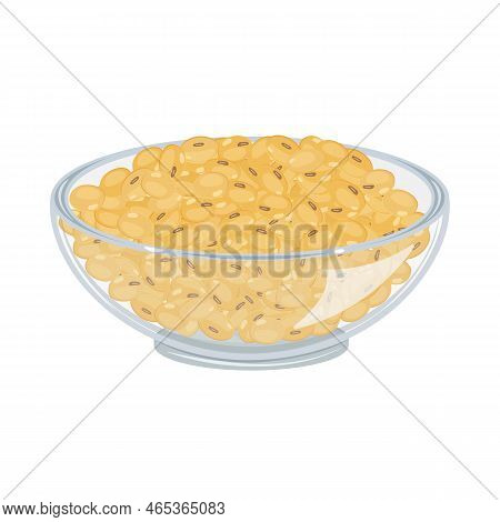 Soybeans In Glass Transparent Bowl. Vector Cartoon Illustration Of Healthy Wholesome Food. Protein F