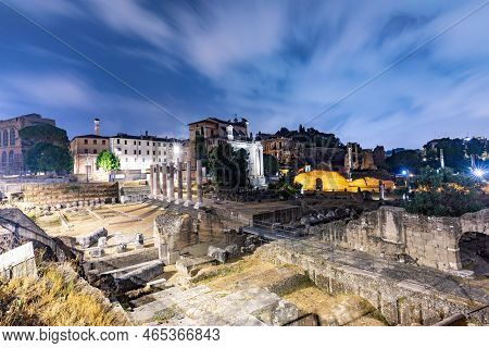 Rome, Italy - August 4, 2021: Night View Of The Roman Forum With Archaeolocial Site In Rome, Italy