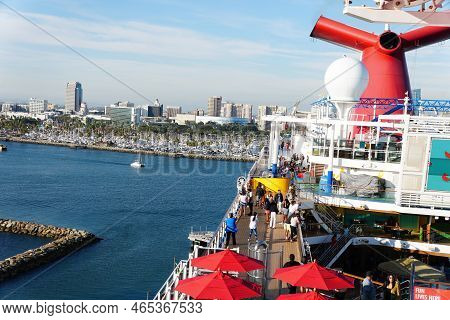 Long Beach, California, U.s.a - November 5, 2022 - Carnival Cruise Ship At The Dock By Queensway Bay