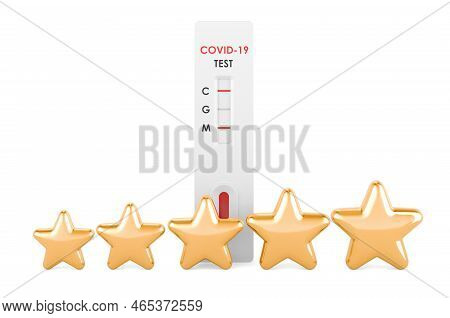 Test Covid-19 Coronavirus, Rapid Test Cassette With Five Golden Stars. 3d Rendering Isolated On Whit