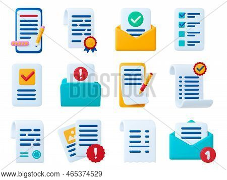 Office 3d Business Icons. Clipboard With Page, Pencil And Pen. Message, Receipt Or Bill Objects. Not