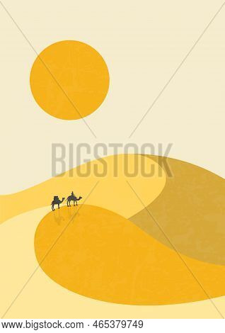 Desert Landscape, Camels On Dunes Illustration. Earth Tones, Burnt Orange