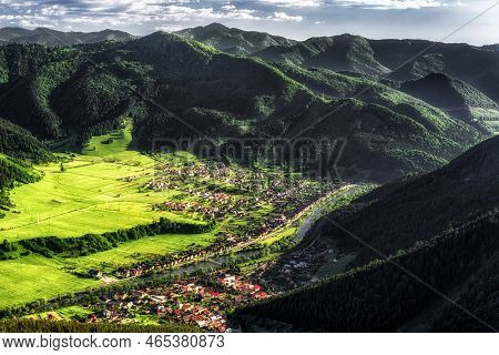 Beautiful Countryside Landscape With Mountains And Villages Svovov And Hubova In Slovakia. View From