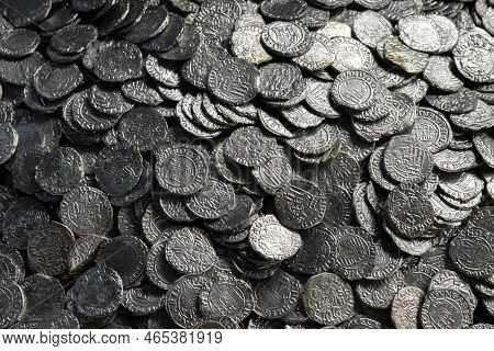 Ruzomberok, Slovakia - September 1, 2022: Historical Middle Age Coins - Hungarian Silver Denars In T