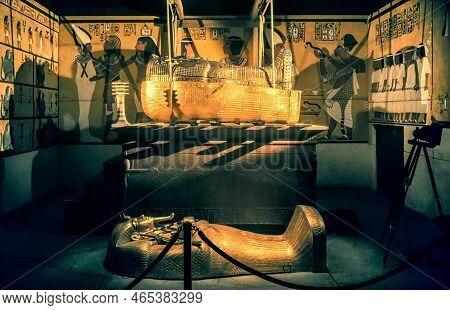 Bratislava, Slovakia - December 14: King Tut Tomb And Sarcophagus At The Tutankhamun Exhibition On D