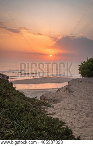 Landscape Of Sunset In Sao Pedro De Maceda Beach. Ovar, Portugal.