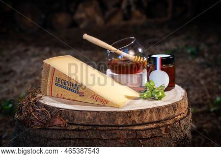 July 12 2022, Lyon, France : Tasted Famous Swiss Cheese, Le Gruyere D'alpage And Honey For Lunch And