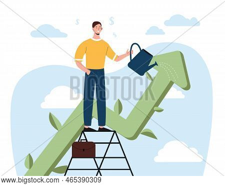 Grow Business Concept. Man Stands On Ladder And Waters Growing Arrow. Financial Literacy, Passive In