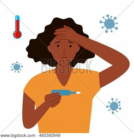 Sick African Woman Suffering From Flu Or Cold. She Has Fever Symptom. Influenza Disease Concept.