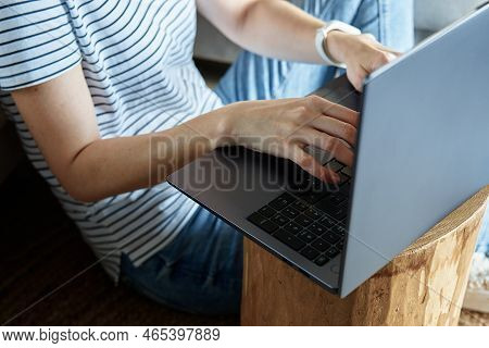 Working From Home Concept. Woman Jands Typing On Laptop Keyboard. Remote Work From Home Workplace