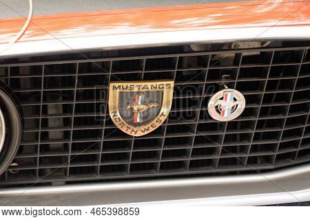 Bordeaux , Aquitaine  France - 11 06 2022 : Ford Mustang Club Northwest Muscle Vehicle Front Horse L