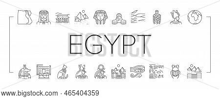 Egypt Country Monument Excursion Icons Set Vector. Egypt Pyramid And Sphinx Antique Construction, Ph