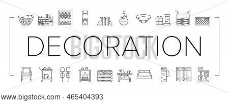 Home Decoration And Furniture Icons Set Vector. Bookends And Rattan Patio Home Decoration, Noodle An