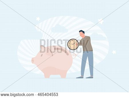 Time Saving Vector Illustration Concept With Man Putting Clock Face Into Piggy Bank. Timesaving Serv