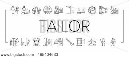Tailor Worker Sewing Occupation Icons Set Vector. Tailor Measuring Client And Sew Leather Jacket, Pr