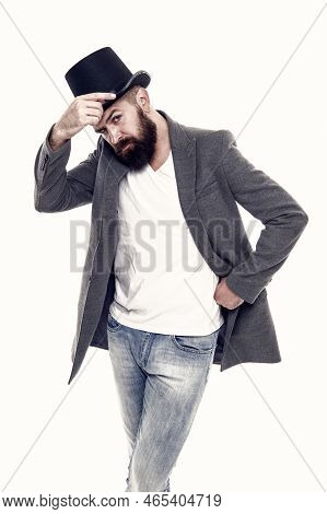 Street Performance. Man Bearded Guy Magician. Magic Trick Performance Concept. Circus Magic Trick Pe