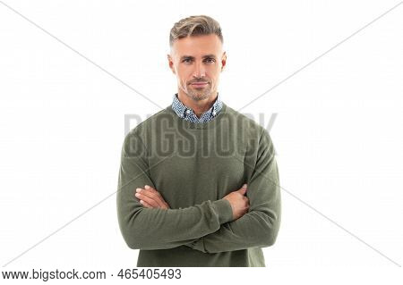 Caucasian Mature Grizzled Man With Stubble Isolated On White Background. Grizzled Man In Sweater.