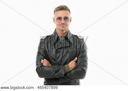 Happy Adult Grizzled Man In Glasses Isolated On White Background. Grizzled Man In Coat.