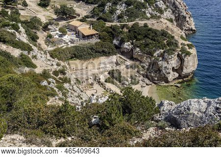 Hellenistic Stoa. The Sanctuary Of The Goddess Hera Akraia In A Small Cove Of The Corinthian Gulf (a