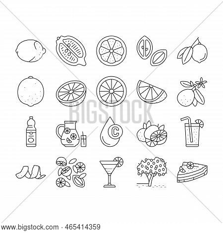 Lemon And Lime Vitamin Citrus Icons Set Vector. Lemon And Lime Fruit Cut And Slice, Delicious Juice 