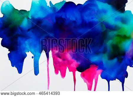 Watercolor Abstract Brush Strokes Background. Blue-blue Marble Effect Of Drawing With Alcohol Ink. I