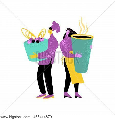 Cafe Or Bakery Concept Illustration In Flat Style. Funny Characters With Huge Cupcake And Paper Cup 