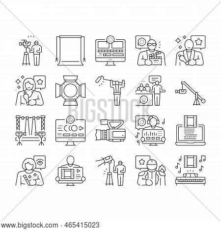 Video Production Film Studio Icons Set Vector. Movie Camera, Media Studio, Digital Profession Tv, Te