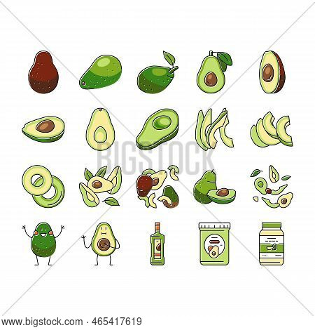 Avocado Food Green Half Icons Set Vector. Vegetable Slice Fresh, Healthy Organic Seed, Tropical Cut 
