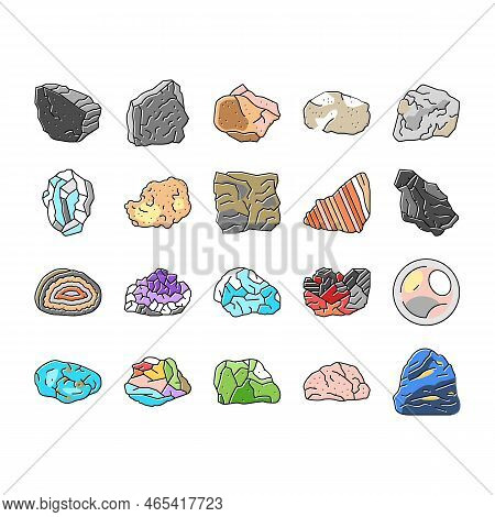 Stone Rock Texture Nature Icons Set Vector. Surface Grey, White Mountain, Landscape Marble, Gark Gru