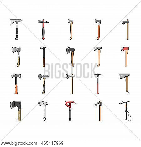 Axe Ax Hatchet Wood Weapon Icons Set Vector. Tool Equipment, Blade Lumberjack, Tree, Work Forest, Wo