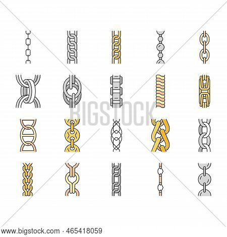 Chain Metal Connection Link Icons Set Vector. Steel Object, Element Iron, Strong Abstract Strength, 