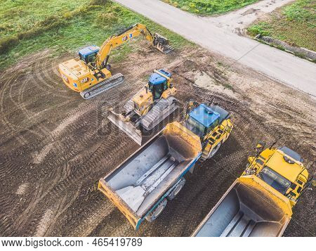 Loriol Sur Drome, France - 11 November 2022: Excavators And Dump Trucks Working During The Construct