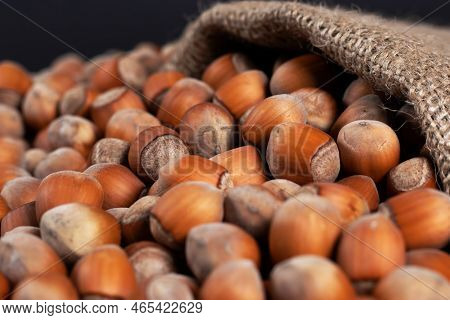 Hazelnuts, Filbert On Old Wooden Table. Heap Or Stack Of Hazel Nuts. Hazelnut Background, Healty Foo