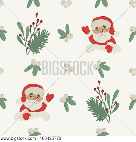 Seamless Pattern With Christmas Santa, Snowberry Branch