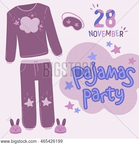 Pajama Party Invitation Card With Date. Sleepover Vector