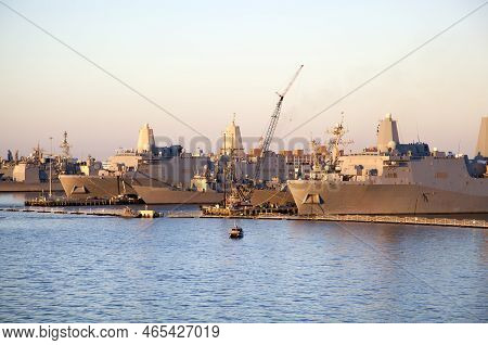 The Row Of Navy Ships In A Military Base Outside Norfolk City, The Largest Base Inside The United St