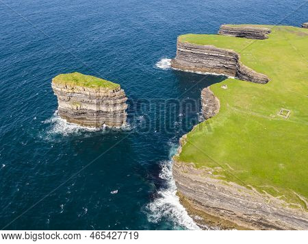 Aerial View Of The Dun Briste Sea Stick At Downpatrick Head, County Mayo - Republic Of Ireland