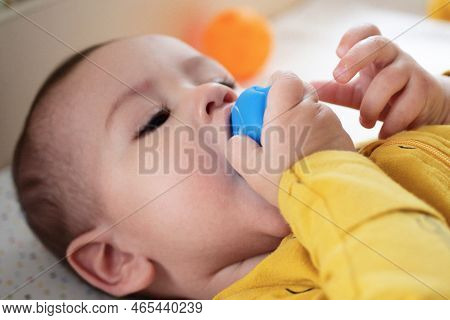 Cute Adorable Newborn Baby Playing With Colorful Rattle Toy. Baby With Teether. Six Months Old Lovel