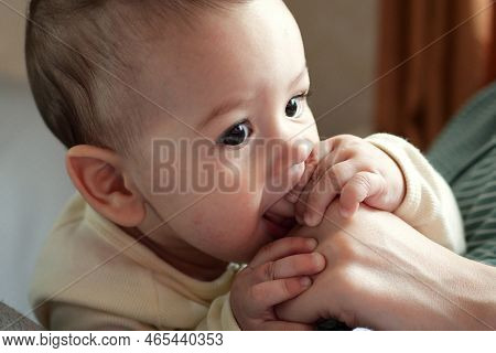 Cute Adorable Newborn Baby Playing With Colorful Rattle Toy. Baby With Teether. Six Months Old Lovel