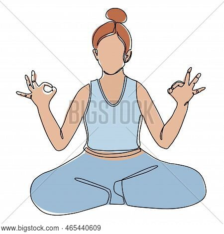 Girl In Yoga Lotus Pose. Vector Hand Drawn Illustration. Young And Happy Woman Meditates And Practic