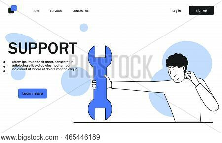 Remote Technical Support And Holding Wrench Vector Illustration Concept. Service Help Technology Bus