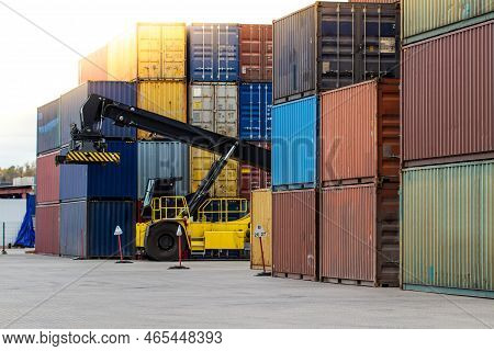 Cargo Containers. Cargo Container Yard. Stack Of Freight Containers At The Docks. Industrial Yard. I